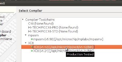 XC8 Compiler select from the list of available Compilers for mplab x IDE